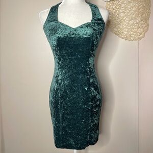 90s Vintage All That Jazz Crushed Velvet Halter Mini Dress (green) - medium